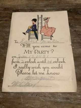 Vintage Birthday Party Invitation 1931 Boy With Umbrella Girl On Chair