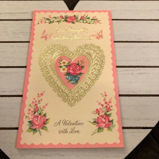 Vintage Greeting Card Valentine Daughter Husband Pink Gold Heart Flowers