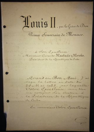 1926 Signed By Prince Of Monaco Louis Ii To Cuban President Gerardo Machado