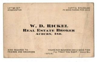 In Indiana Auburn W.  D.  Rickely Real Estate Broker Dekalb County Ad Business Card