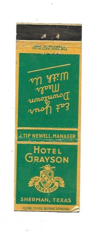 Grayson Hotel Matchcover Sherman,  Texas J.  Tip Newell,  Manager
