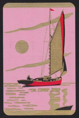 1 Single Vintage Swap/playing Card Sail Boat Sloop Man Sea Deco Pink/gold