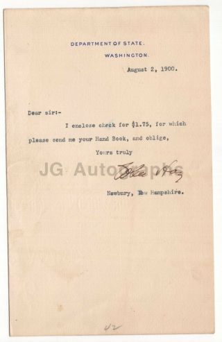 John Hay - United States Secretary Of State - Signed Letter (tls) - 1900