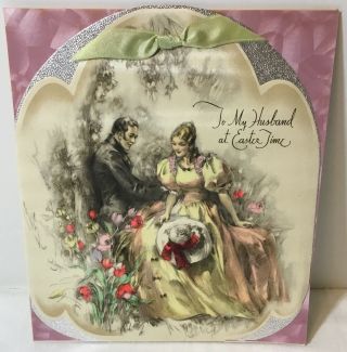 Vtg 1939 Rust Craft Easter Card Husband 3 Layers Real Ribbon Victorian Couple