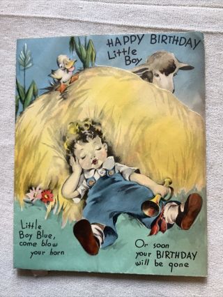 Vintage Birthday Greeting Card Little Boy Blue Sheep Horn Antique 1941