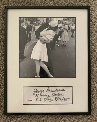 George Mendonsa Signed Kissing Sailor Psa Dna Autograph On Piece Of The Cap