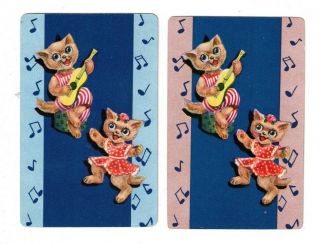 Swap Cards / Playing Cards Set Of 2 Vintage Pair - Cats Playing Music & Dancing