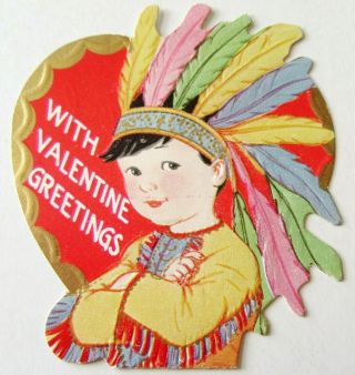 Vintage Valentine Boy Dressed As Indian Chief Native American Feather Headdress