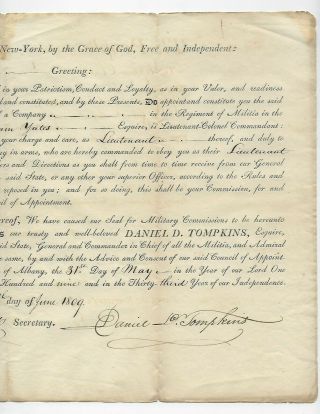 1809 York Signed Militia Appointment Daniel D Tompkins 6th Vice President