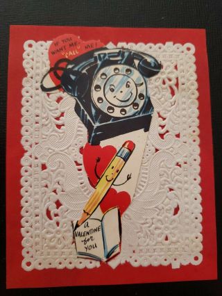 Vtg Valentine Greeting Card Diecut Anthropomorphic Black Rotary Phone Pencil 50s