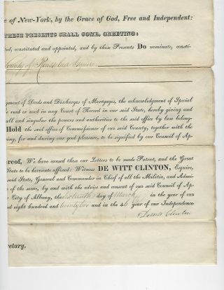 York Governor De Witt Clinton Signature 1822 Esquire Appointment Dewitt