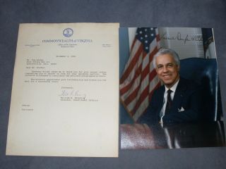 Governor Of Virginia Lawrence Douglas Wilder Hand Signed Photograph With Letter