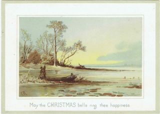 Artist C Robertson Victorian Christmas Card River Scene Men Boat Shooting Geese