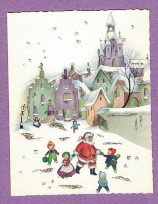 Vintage Christmas Card Snowy Village Children W/ Santa Glitter Pastel Colors