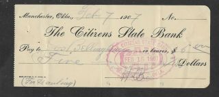 Cancelled Bank Check - Manchester,  Oklahoma 1907