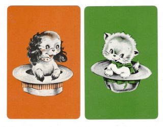 Swap Cards / Playing Cards Set Of 2 Vintage Pair - Cute Cat & Dog In Hat