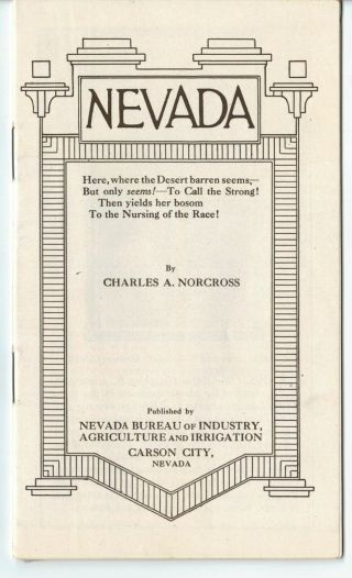 Nevada Department Of Immigration Pamphlet - Bureau Agriculture - Industry 1915