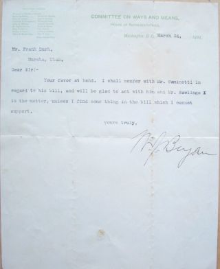 William Jennings Bryan Typed Letter Signed By Bryan From Dated March 24,  1894