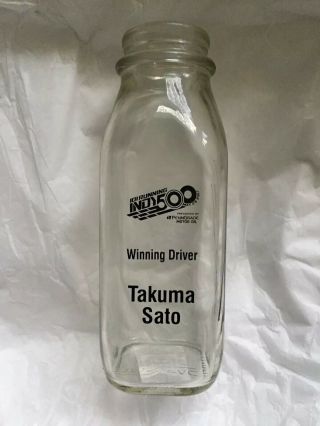 2017 Indianapolis 500 Winner Takuma Sato Signed Glass Milk Bottle Jug Indy Car