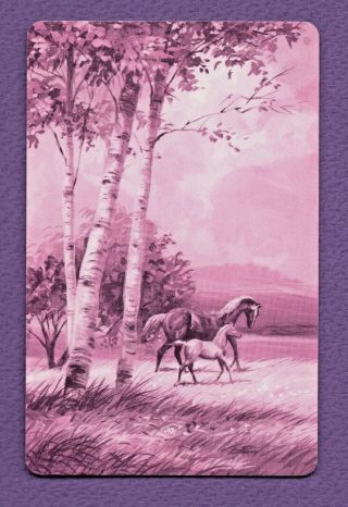 Swap Card Horse & Foal Vintage Playing Card 1970s Pink