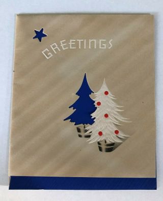 Vintage Christmas/new Year Greeting Card Christmas Trees Blue Metallic Foil