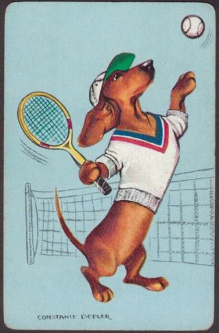 Playing Cards Single Card Old Vintage Dachshund Dog Tennis Player Depler Art