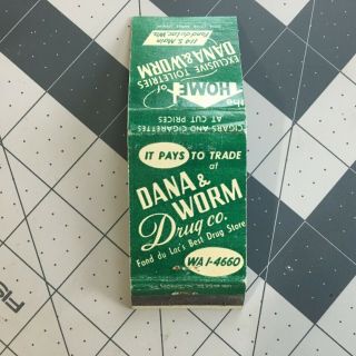 Vintage Dana & Worm Drug Co.  Matchbook Cover Fond Du Lac Wisconsin