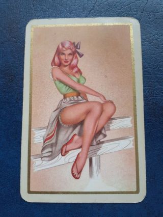 Playing Cards Swap,  One Card,  Pin - Up,  Girl,  Green Top,  Sitting On Fence.