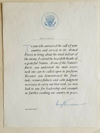 Signed Harry Truman Letter To Wwii Soldier White House Stationary Presidential