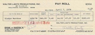 Walter Lantz - Signed Bank Check From 1978