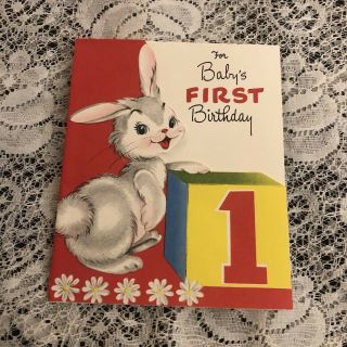 Vintage Greeting Card Baby 1st Birthday Bunny Rabbit Block