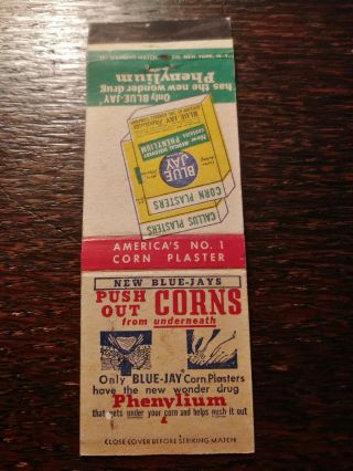 Vintage Matchcover: Blue Jay Corn Plasters With Phenylium,  Kendall Co.  Vv