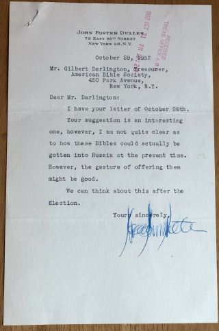 Eisenhower Secretary Of State John Foster Dulles Autograph Letter (tls)