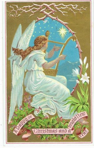 Goodall Victorian Christmas Greetings Card Angel Playing Harp Religious Verse