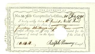 Revolutionary War Connecticut Payment To A Soldier In The Continental Army 1790