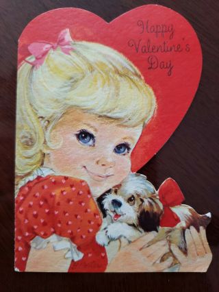 Vtg Hallmark Valentine Greeting Card Diecut Cute Girl With Puppy 1950 - 60s