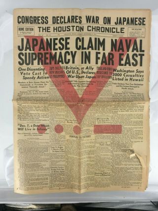 Houston Chronicle Newspaper December 8,  1941 Wwii Congress Declares War On Japan