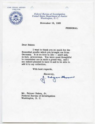 Fbi Director J.  Edgar Hoover Signed Letter