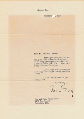 Nelson Eddy - Signed Letter From 1948