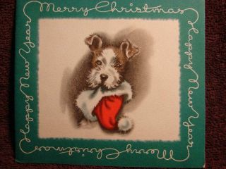 Vintage " Puppy Waiting For Santa " Christmas Greeting Card