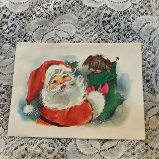 Vintage Greeting Card Christmas Santa Claus Dog In Stocking