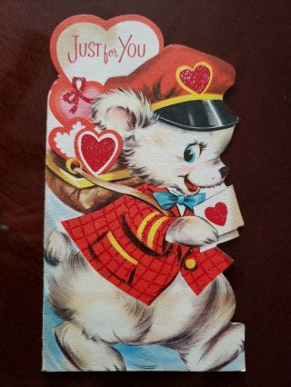 Vtg Valentine Greeting Card Diecut Cute Bear Mailman Delivery Glitter,  Paramount