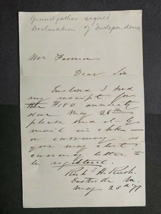 1877 Eastville Va Letter Signed Rush Civil War Signer Declaration Independence