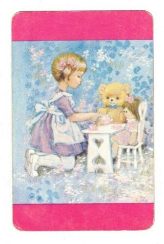 Swap Card Little Girl With Toys,  Tea Party.  Pink Border - Rare.  Vintage