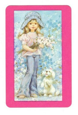 Swap Card Girl With Flowers And Dog.  Pink Border - Rare.  Vintage