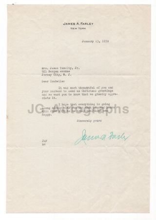 James Farley - Postmaster General - Signed Letter (tls),  1939