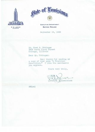 Richard W.  Leche,  Signed Letter As 44th Governor Of Louisiana,  Tls 1938 W/ Cover