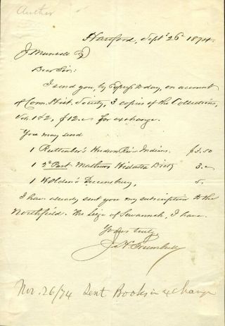 Historian James Hammond Trumbull Autograph Letter Signed - 1874