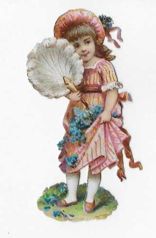 Victorian Feather Fan Girl,  Pink Dress & Bonnet Antique Die - Cut Scrap,  2 - 3/4