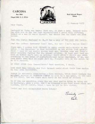 Signed Karl Edward Wagner Letter On Kane Paperbacks Carcosa Pub Letterhead Vgc